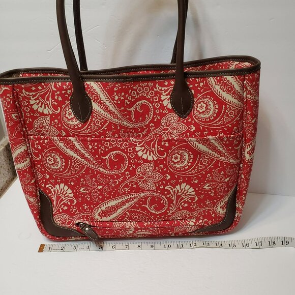 American Living Mackenzie Luggage Tote Bag Red Paisley Print Canvas Faux Leather - Picture 4 of 15